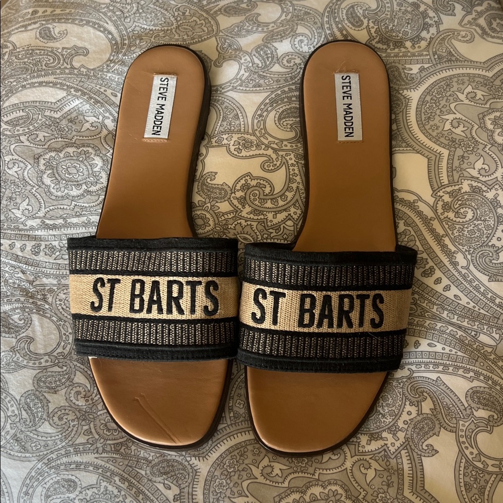 Steve Madden St Barts Black and Tan Slides